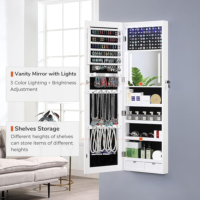 GISSAR Mirror Jewelry Cabinet, LED Wall Door Mount Full Length Jewelry Armoire with Makeup Mirror and Jewelry Storage, Large Capacity Lockable Jewelry Organizer, Vanity Mirror with Lights, White