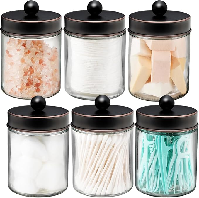Amolliar 6 Pack Apothecary Jars Bathroom Vanity Organizer- Rustic Farmhouse Decor Storage Canister with Stainless Steel Lids- Qtip Dispenser Holder for Q-Tips,Cotton Swabs,Rounds,Ball,Flossers