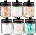 Amolliar 6 Pack Apothecary Jars Bathroom Vanity Organizer- Rustic Farmhouse Decor Storage Canister with Stainless Steel Lids- Qtip Dispenser Holder for Q-Tips,Cotton Swabs,Rounds,Ball,Flossers