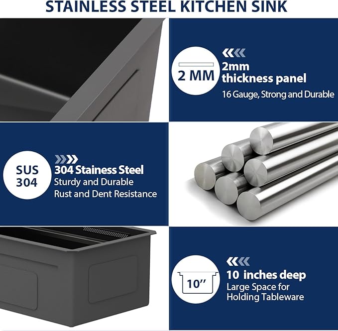 Lordear 30 Inch Waterfall Kitchen Sink Black - Undermount Kitchen Sink Workstation Stainless Steel 16 Gauge Single Bowl NANO-PVD Handmade Under Counter Smart Kitchen Sinks With Faucet