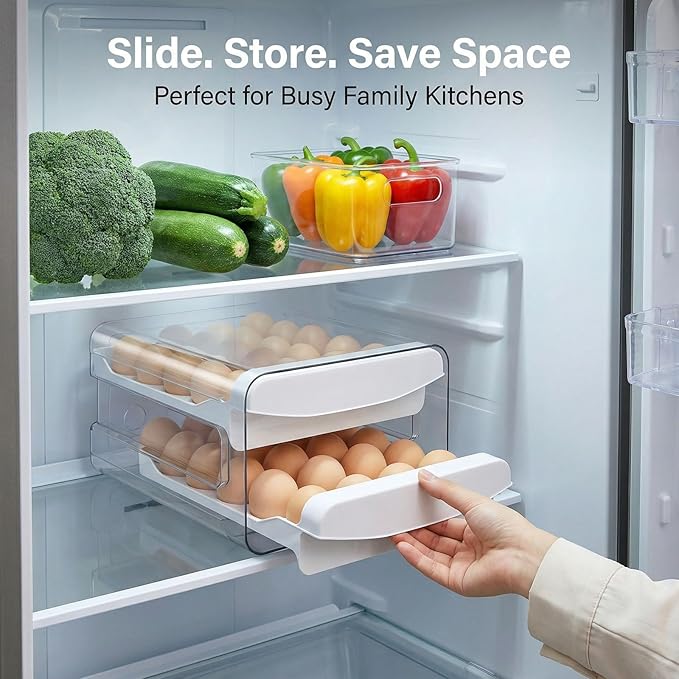 Zagtag® Egg Holder for Fridge, 2-Tier Stackable 40 Eggs Organizer Drawer for Refrigerator, Space-Saving Egg Container, Clear Plastic Egg Tray for Kitchen Storage