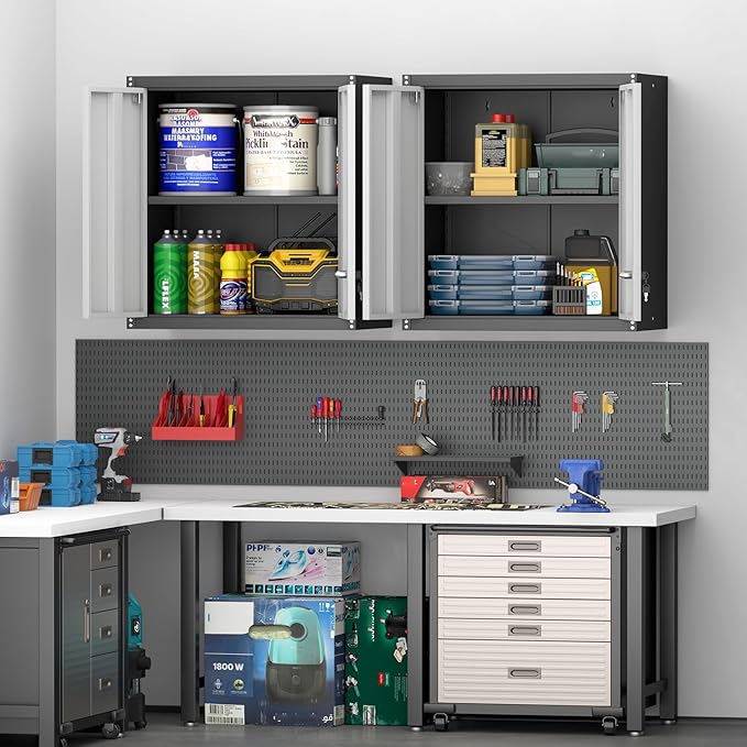 Metal Wall Cabinet, Garage Cabinets Wall Mounted, Locking Storage with Adjustable Shelves, Wall Mounted Garage Cabinet with Doors, Floating Cabinet for Home Office, Utility Room