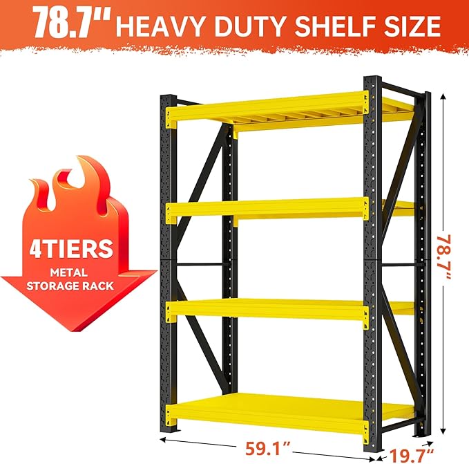 5000LBS Garage Shelving Heavy Duty, 59” W Storage Shelves, 4-Tier Adjustable Metal Storage Shelves, Steel Industrial Shelving Unit, Metal Shelving for Garage, Basement, Warehouse (59x20x79in)