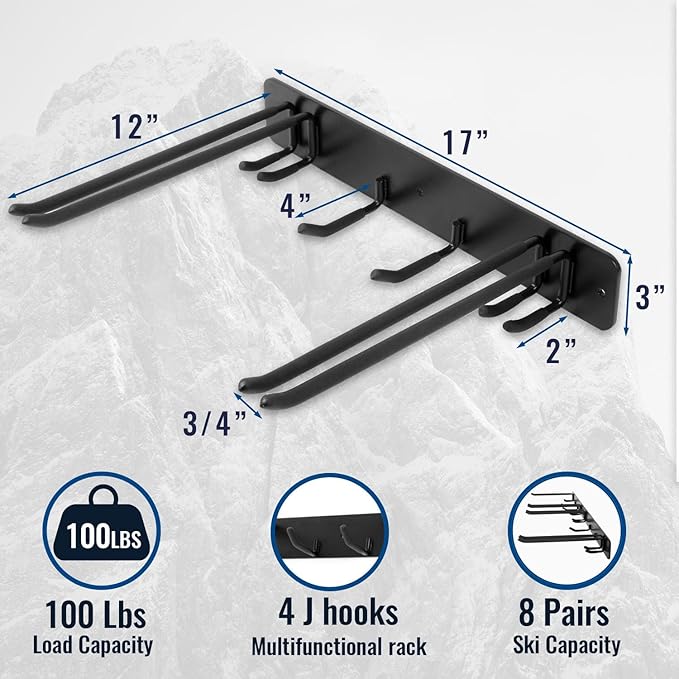 Wall Mount Ski Storage Rack,Garage Snowboard Storage Organizer 4 Pairs Metal Hooks Indoor Outdoor System Organization (Black 1pack)