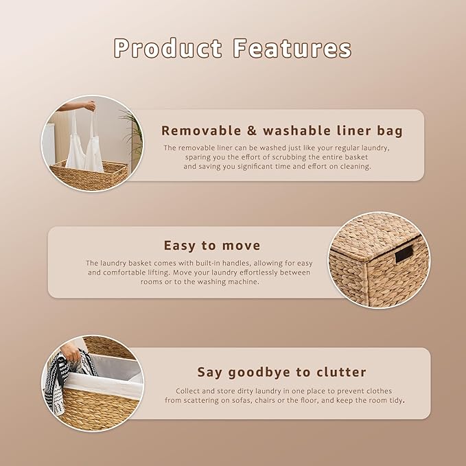 Laundry Hamper with Lid and Removable Liner Bag, Handwoven Natural Hyacinth Clothes Hamper with Heightened Feet, Wicker Laundry Basket for Clothes and Towels，Large, 2-sections