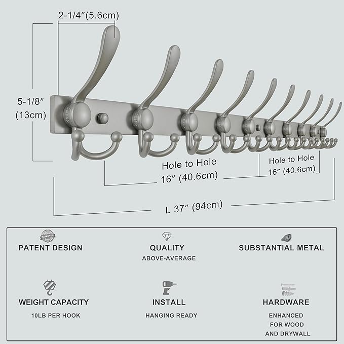 Dseap MaxStrong 2.0 Coat Rack Wall - 37” Long 10 Tri Hooks - Ultra Heavy-Duty Stainless Steel Wall Mount Coat Hanger, Hook Rail for Clothes Hats Jacket Towels Grey