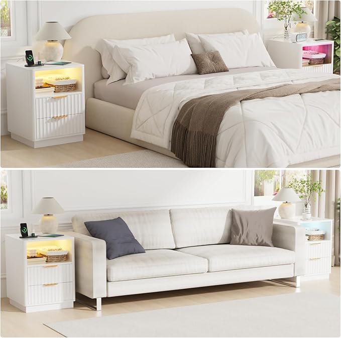 VOWNER Fluted Nightstand with Charging Station, 18” RGB Night Stand with 2 Drawers, End Table with Storage Shelf, Curved Profile Design Side Table, Bedside Table for Bedroom Living Room, White
