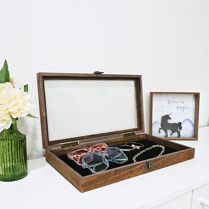 MOOCA Wooden Jewelry Display Case with Tempered Glass Lid and Removable Black Luxurious MDF Velvet Jewelry Display Pad, Pocket Knife Eyewear Case, Brown Color