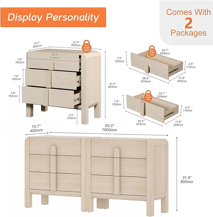 WAMPAT 6 Drawer Dresser for Bedroom, 2 in 1 63" Wide Mid Century Modern Wide Chest of Drawer, Wood Tall Nightstand with Curved Edge Handles, Closet Dresser TV Stand for Bedroom, Beige