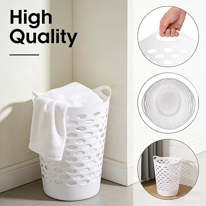 2.2 BUSHEL Flexible Laundry Basket,Tall plastic hamper for Clothes, Bedroom, and Storage - Portable Round Bin with Carry Handles 17.75" x 17.25" x 26", White,Black,3 pack (White)