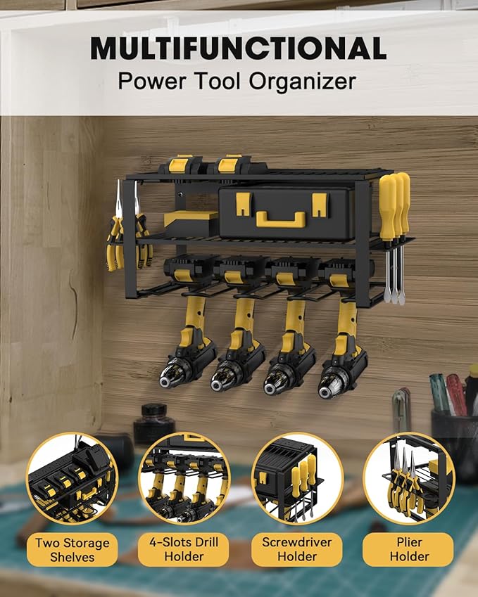 Wall Mount Power Tool Organizer and Charging Station - 6 AC Outlets, 3 Layers for Drills, Great as Heavy Duty Garage Tool Rack