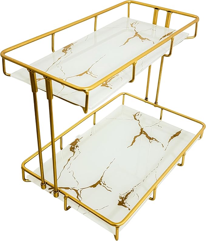 2-Tier White Marble Bathroom Countertop Organizer – Glass Shelves & Gold Metal Frame, Elegant Vanity Storage Shelf for Perfume, Skincare, Makeup & Toiletries