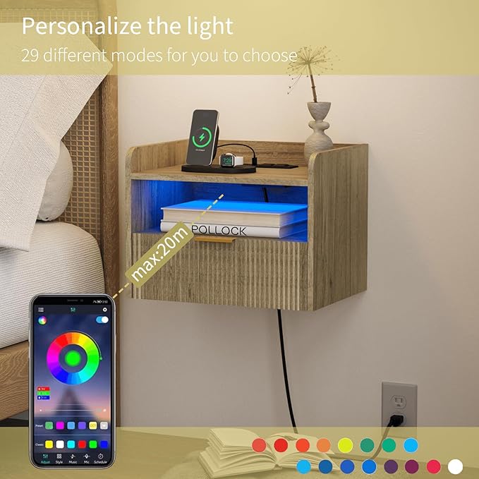 White Floating Nightstand with Charging Station and LED Lights (Grey)