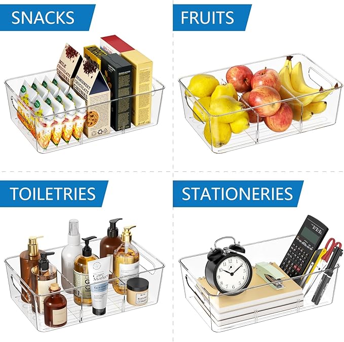 4 Pack Clear Pantry Organizers and Storage Bins with Divider, Transparent Plastic Basket, Refrigerator and Fridge Bins