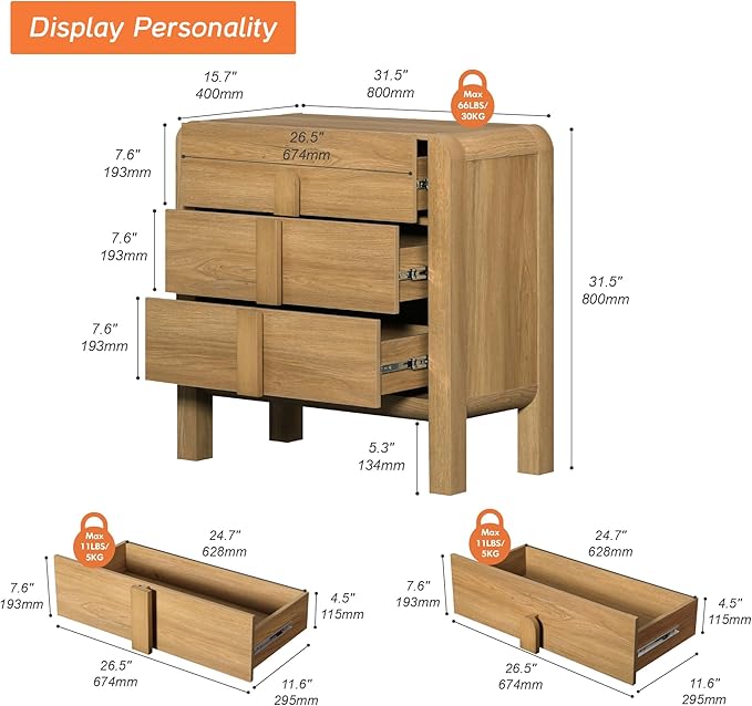 WAMPAT 3 Drawer Dresser for Bedroom, 31.5" Wide Mid Century Modern Wide Chest of Drawer, Wood Tall Nightstand with Curved Edge Handles, Closet Dresser TV Stand for Bedroom, Light Walnut