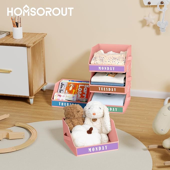 Closet Organizers and Storage - 5 Tier Shelf Organizer with Weekly Labels, Stackable Storage Bins with Metal Frame, Foldable Cube Bins, Home Baskets for Kids and Adults, Pink