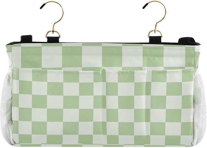 Checkered Mint Green and White Bedside Caddy for Dorm Bed Bedside Hanging Caddy Bag Iron Frame Storage Organizer Pocket for Bunk Home College Hospital Beds 2 Hooks