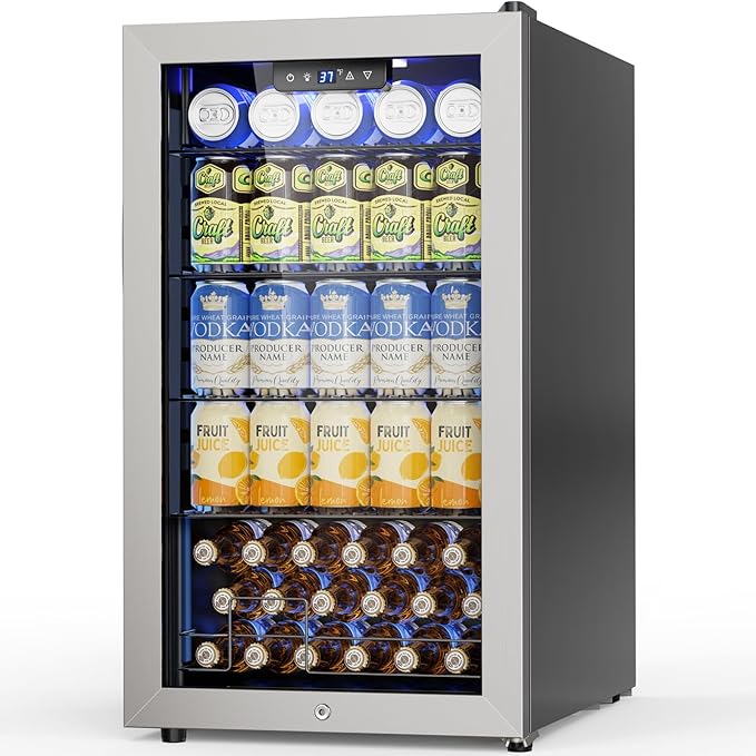 Mini Beverage Refrigerator 3.2 Cu. Ft Small Fridge 126 Can Lockable Drink Cooler with Glass Door, Safety Lock, For Beer Soda, Silver