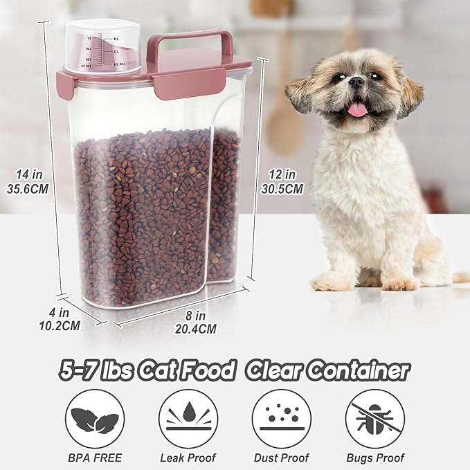 5-7Lbs Cat Dog Storage Container, Portable Pet Food Containers with Upgraded Large Spout and Cup, Small Animal Kibble Dispenser for Bird Seed, Oatmeal, Rice, Flour (2, Pink+Lake Blue, 5L)