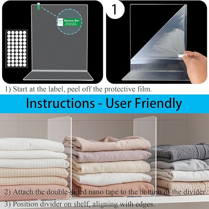 Acrylic Shelf Dividers for Closet Organization: 12" Tall x 10" Deep Closet Shelf Divider for Clothes Purse Sweater - Free Standing Clear Separators for Shelves, 5Pack