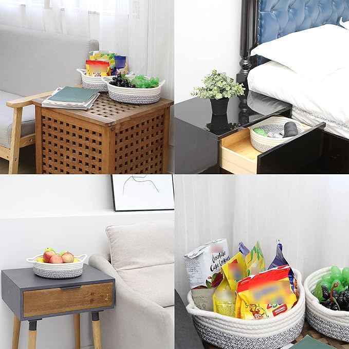 Sea Team 2-Pack Cotton Rope Baskets, 10 x 3 Inches Small Woven Storage Basket, Fabric Tray, Bowl, Round Open Dish for Fruits, Jewelry, Keys, Sewing Kits (Mottled Grey & White)