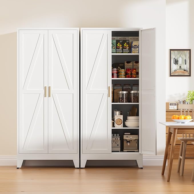 71" Tall Metal Pantry Cabinet, Kitchen Storage Cabinet with 2 Doors and 4 Adjustable Shelves for Kitchen, Living Room, Dining Room, Bathroom and Home, Office (White, 71" H)