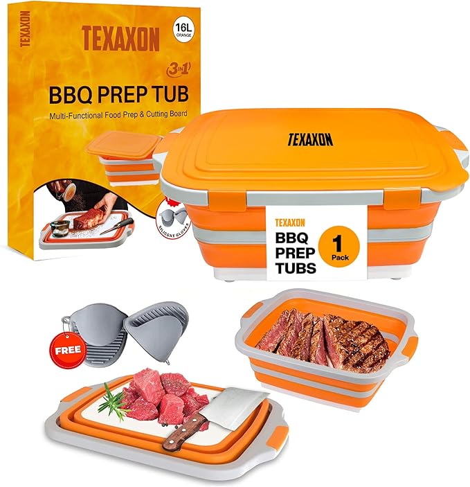 8L/16L BBQ Prep Tub with Cutting Board, Lid & Complimentary Mitts/Gloves – Collapsible Bucket for BBQ, Marinade, Picnic, Camping, Meat Prep – Orange/Black (Orange, X-Large Lid Lock)