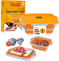 8L/16L BBQ Prep Tub with Cutting Board, Lid & Complimentary Mitts/Gloves – Collapsible Bucket for BBQ, Marinade, Picnic, Camping, Meat Prep – Orange/Black (Orange, X-Large Lid Lock)