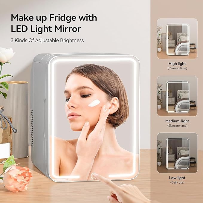 12L Skincare Fridge with Mirror & LED Lighting, 3-Mode Dimmable, Cooler & Warmer for Makeup, Cosmetic, Beauty, Portable Mini Beauty Fridge for Bedroom, Vanity, Car & Home Use