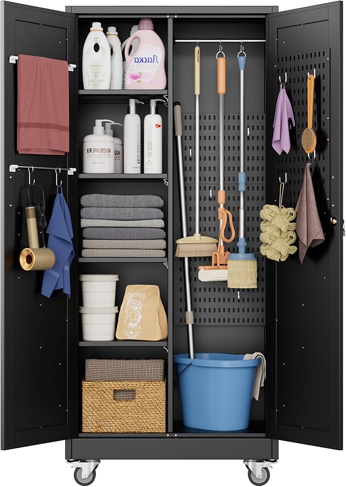 Aobabo Broom Closet Storage Cabinet with 4 Shelves, Garage Storage Cabinet with Wheels and Pegboard and Metal Hooks, Hanging Rod for Brooms and Mops,Kitchen Pantry, Black, Assembly Required
