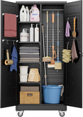 Aobabo Broom Closet Storage Cabinet with 4 Shelves, Garage Storage Cabinet with Wheels and Pegboard and Metal Hooks, Hanging Rod for Brooms and Mops,Kitchen Pantry, Black, Assembly Required