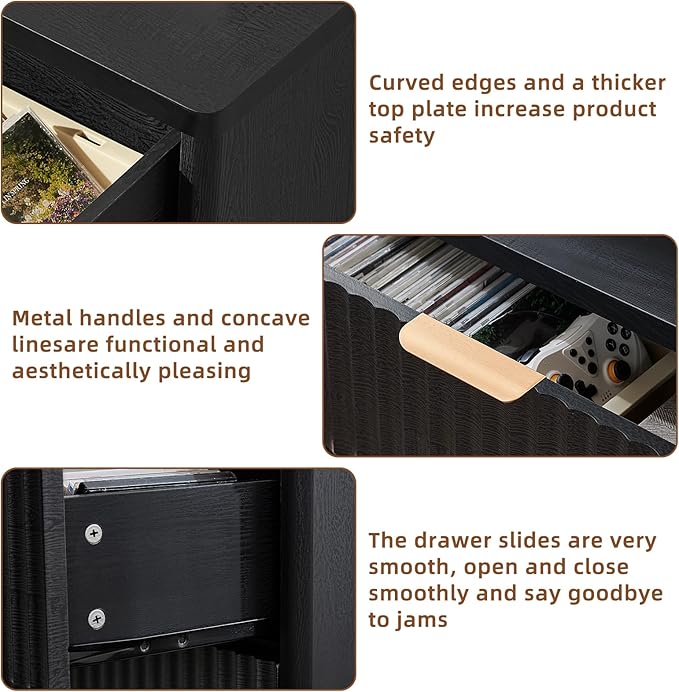 LEYAOYAO Fluted 5 Drawers Dresser for Bedroom Set of 2, 34" Tall Modern Chest of Drawers with Metal Handle, Curved Profile Design,Black Wood Drawer Organizer for Bedroom, Living Room, Hallway