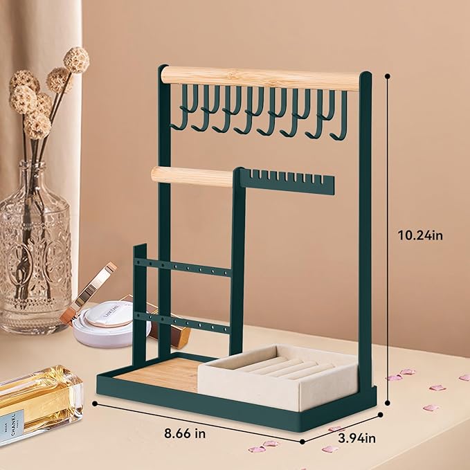 DreamGenius Jewelry Organizer Stand with Velvet Ring Holder, 4 Tier Jewelry Holder Organizer with 15 Hooks for Necklaces and 16 Holes for Earrings, Green