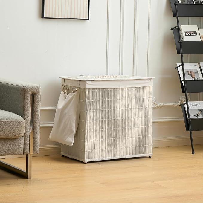 Laundry Hamper with Lid, 39.6 Gallon(150L) Large Laundry Basket 2 Removable Liner Bags, Synthetic Rattan Clothes Hamper with Side Pocket, laundry organization for bathroom, laundry room, White
