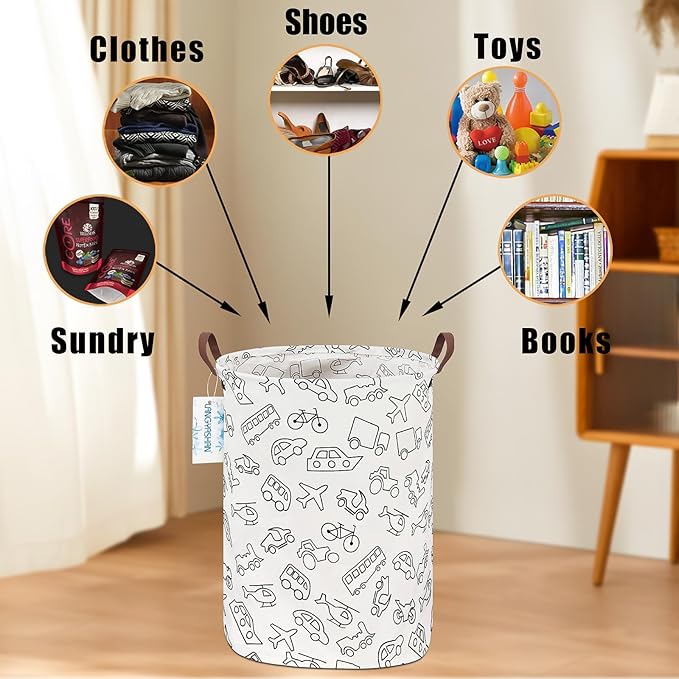 LANGYASHAN Laundry Basket Canvas Fabric Collapsible Organizer Basket for Storage Bin Toy Bins Gift Baskets Bedroom Clothes Children Nursery Hamper (Vehicle)