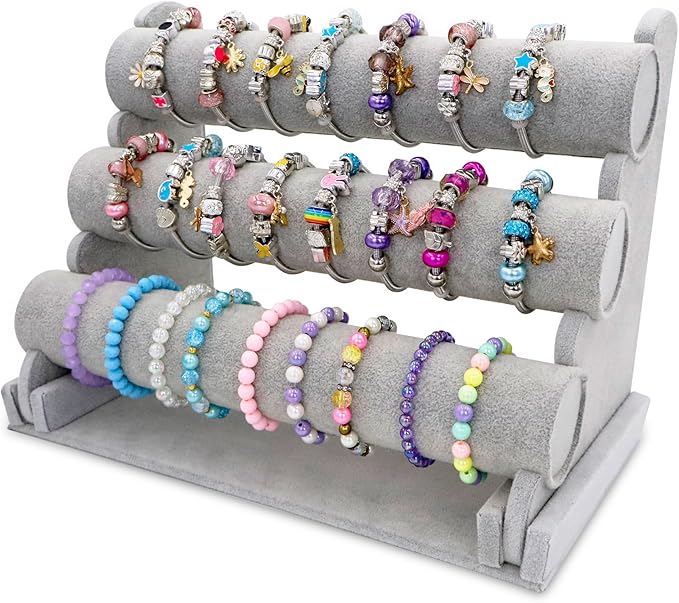 Barelove Velvet Bracelet Holder with 3 Tier Rack, Grey T-Bar Storage Organizer Detachable Display Stand for Necklace Watch Bangles Bracelets Scrunchies Organization Showcase