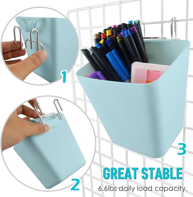 G.CORE Large Grid Wall Bins - 6Pack Blue Gridwall Accessories Hanging Cups with Back Hooks - Plastic Grid Wall Panels Organizers Wire Shelves Holders for Garage Garden Craft Office Tools Storage