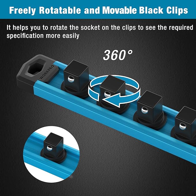 WORKPRO Magnetic Socket Organizer, 1/4-Inch Drive Aluminum Alloy Socket Rail, Heavy Duty Socket Holder, Socket Rack Kit 1/4-Inch x 12 Clips Sky Blue (Socket not Included)
