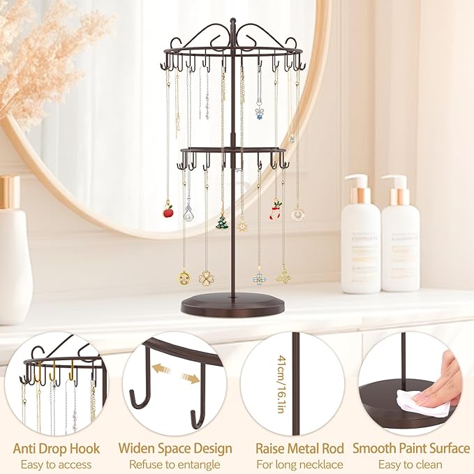 MODOWEY Rotating Necklace Holder Organizer Display Stand with 42 Hooks, 2 Tier Adjustable Metal Tree for Long Necklace Hanger Selling, Tall Spinning Bracelet Storage Rack for Men Women, Espresso Brown