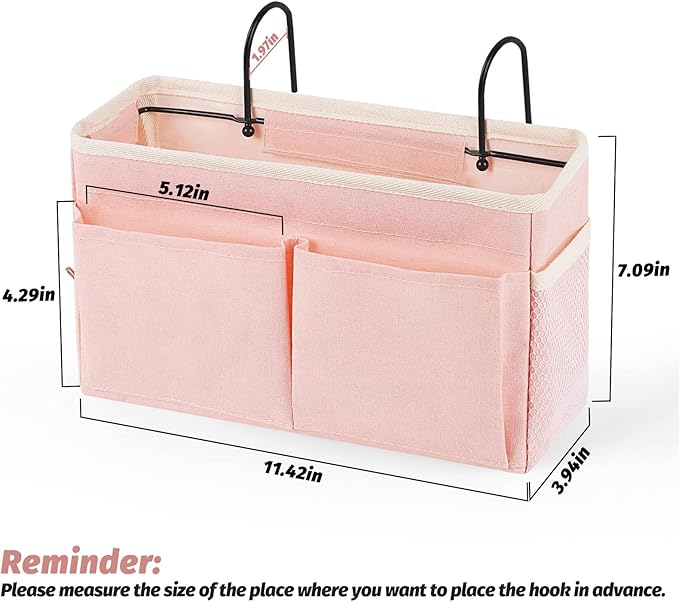 Bedside Caddy Bedside Storage Organizer Hanging Bunk Bed Dorm Room with Side Pockets for Water Bottles, Books, Cell Phones, Headphones (Pink)