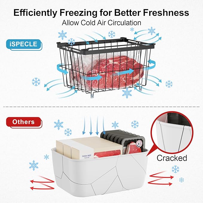 iSPECLE Freezer Organizer Bins - 2 Pcs Hanging Baskets for Deep Freezer, Adjustable Wider & Deeper Chest Freezer Organizer Bins for 5 to 9 Cu Ft, Extra Large & Easy Organize, Black