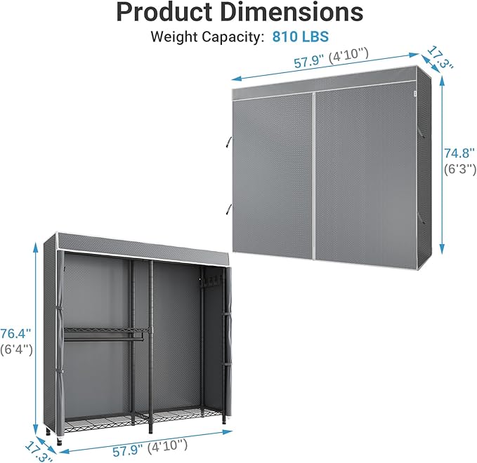 VIPEK V4C Garment Rack with Cover, Heavy Duty Portable Closet Adjustable Metal Clothing Rack for Hanging Clothes with Hanging Rods & Side Hooks, Max Load 810lbs, Black Rack with Grey Cover