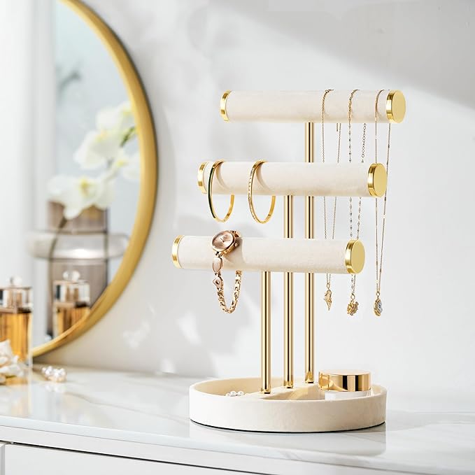 Bracelet Holder Jewelry Organizer Display - 3 Tier T Bar Velvet Stand, Beige Necklace Holder Organizer, Bracelet Holder, Earring Holder and Ring Display for Jewelry Organizers and Storage