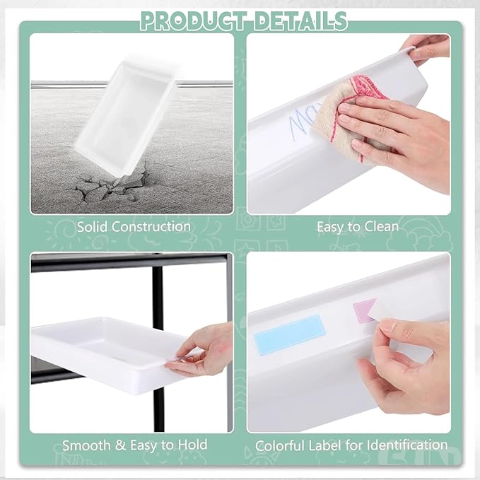 Turn in Trays Classroom, 6 Pack White Paper Trays for Classroom with Colorful Labels, Thick Plastic Storage Bins,Paper Bins for School, Office Organization, Letter Size Flat Storage Tray