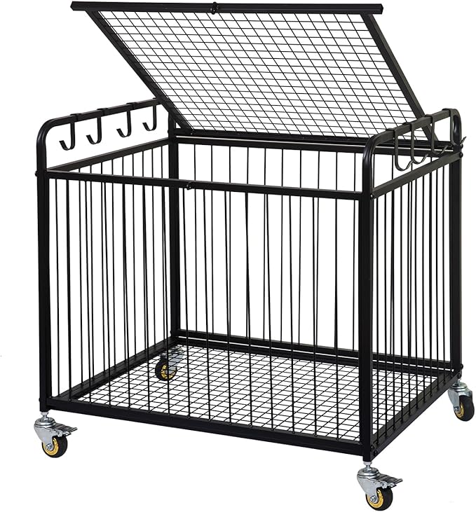 Matt Black Metal Rolling Cart Ball Gym Equipment Sports Gear Storage Portable Wheel Basket Lockable Cage Raised Handle Athletic Basketball Football Soccer Volleyball Racket School PE Class