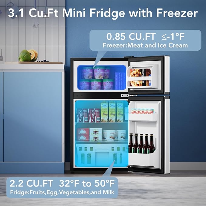 3.1 Cu.Ft Mini Fridge with Freezer, Compact Refrigerator with 2 Doors, Small Fridge with Adjustable Thermostat & Removable Glass Shelves for Bedroom, Office, Dorm, or Apartment, Silver