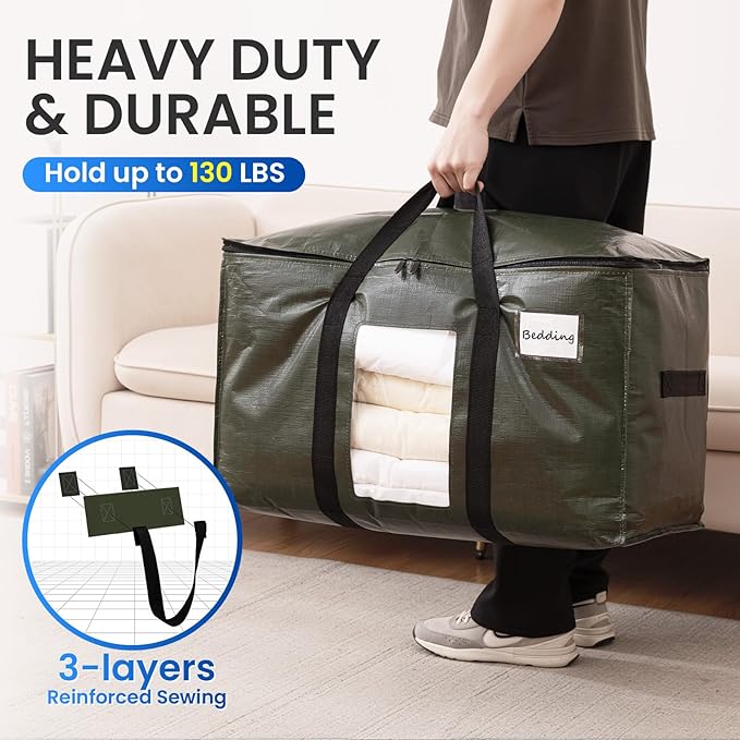 TAILI 2 Pack Green Extra Large Storage Bags, Heavy Duty Totes with Visible Window, Wrap Around Handles, Perfect for Moving