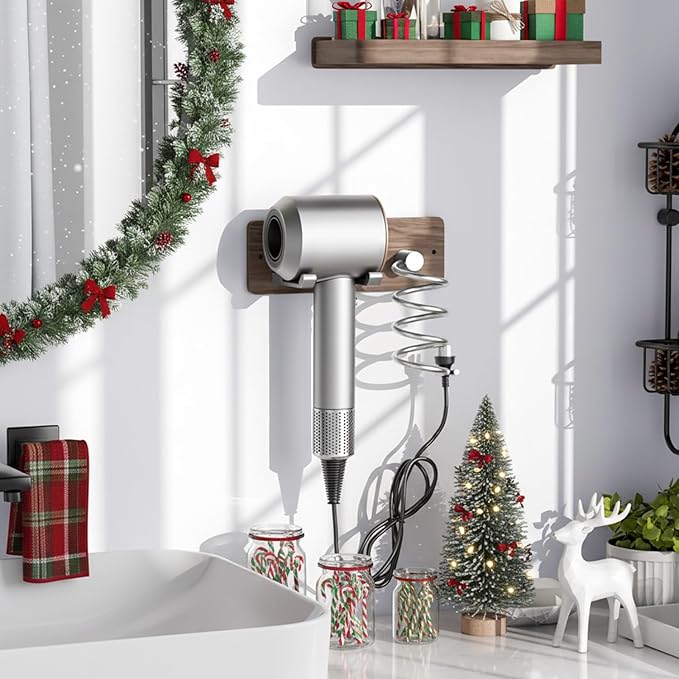 Tindbea Hair Dryer Holder Curling Iron Holder, Blow Dryer Holder Wall Mount, Bathroom Hair Tool Organizer Rack for Universal Dryer, Walnut Wood Silver Color Metal
