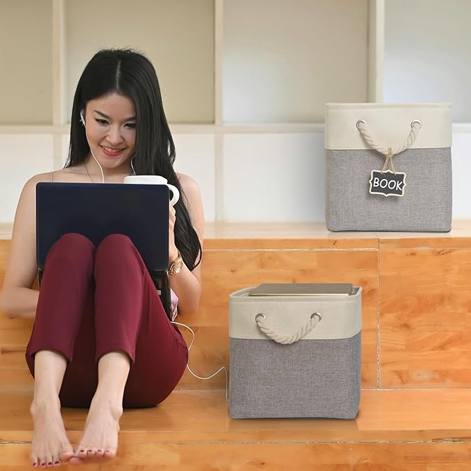 13x13x13 Storage Cubes Bins[6 Pack],Cube Storage Organizer Bins with Rope Handles, Eco-Friendly Linen Collapsible Organizers for Closet, Nursery, Toys, Office, Bathroom–Dual Color Design.(White&Grey)