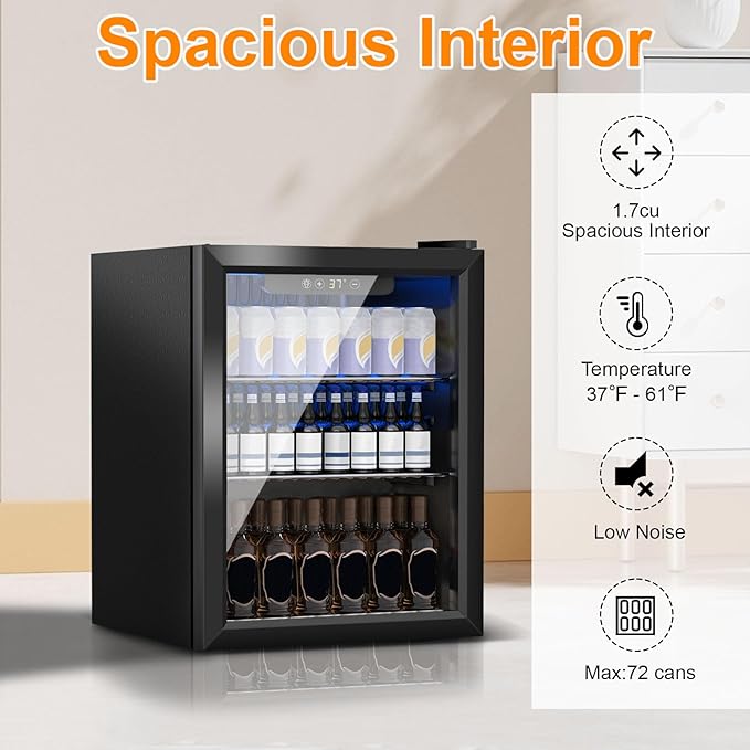 Beverage Refrigerator Cooler, 72 Can Mini Fridge Glass Door for Drinks Soda, Beer, or Wine - Small Refrigerator for Office Bedroom Home Bar, Adjustable Shelves, 1.7 Cu.Ft, Black